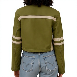 <b>Women's</b> Handmade Green & <b>Beige</b> Genuine Sheepskin Leather Cropped Moto <b>Jacket</b> Outerwear Coat - Product Image 2