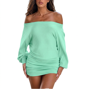Robe de soirée sexy tendance, épaules dénudées, manches longues, moulante, décontractée, mini robe pour femmes - Product Image 4