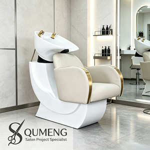 Fauteuil de lavage semi-inclinable en cuir PU beige avec base en fibre de verre, cuvette en céramique et accoudoirs en acier inoxydable doré – Unité de salon - Product Image 1