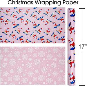 Papier d'emballage en aluminium rose mignon, double face, imprimé flocons de neige et Père Noël skitant pour Noël - Product Image 2
