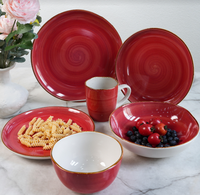 Service de table en grès émaillé rouge 16 pièces - Design classique, compatible lave-vaisselle et micro-ondes, réutilisable pour la restauration et les cadeaux d'affaires