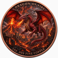 Pièce de collection fantaisie en cuivre fin .999 de 1 oz, double face en relief, Dragon de Feu, Sorcier contre Dragon Noir