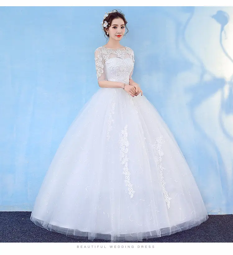 2019 Cheap Chinese Wedding Gown 3/4 Sleeve Ivory Lace Flower Floor length 3XL Plus size Maternity Wedding Dress