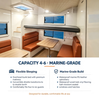 Maison flottante remorquable compacte avec chambre, salle de bain, cuisine, évier, cuisinière et table à manger pour le tourisme et les centres de villégiature