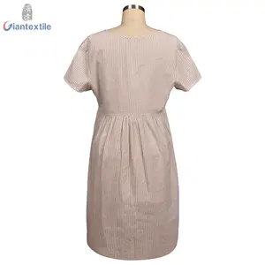 Nueva moda de color caqui/blanco de manga corta Maxi Casual vestido largo teñido de hilo para las mujeres