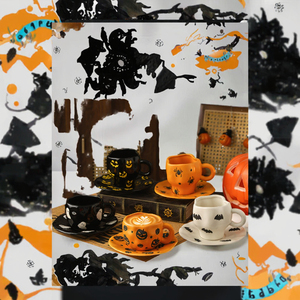 Creativo di <span class=keywords><strong>Halloween</strong></span> in porcellana tazza di caffè piattino personalità irregolare Pattern di pipistrello di zucca stile Japandi 300ml riutilizzabile - Product Image 3