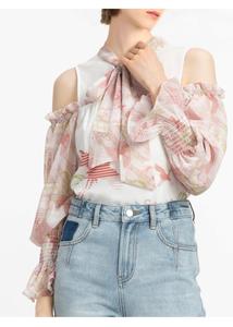 Épaules décontracté rose noeud volants à volants trompette manches en mousseline de soie chemisiers pour femmes tops - Product Image 4