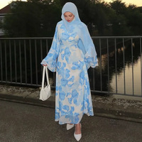 Nouvelle Robe Islamique 2026 pour Femmes Musulmanes, Manches Longues, Col Rond, en Chiffon Imprimé Fleurs, Robe Modeste d'Été pour Femmes Musulmanes
