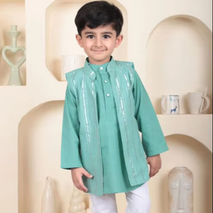 Petit garçon en kurta vert sarcelle avec gilet rayé et pyjama blanc, tenue ethnique festive vue de dos, mode enfant stylée - Product Image 1