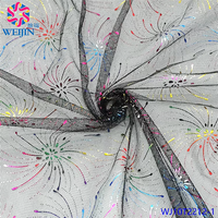 Tissu en maille warp en polyester doré imprimé feu d'artifice, design textile brillant pour vêtements, robes de scène et vêtements de nuit
