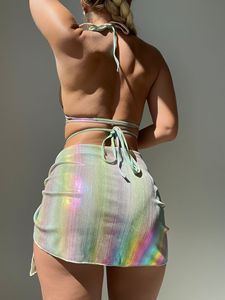 Ensemble bikini 3 pièces pour femme, couleur métallique, avec soutien-gorge push-up, bas brésilien à nouer et jupe de plage, orné de perles - Product Image 4