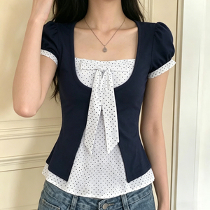 School Girl Cute Polka Dot Breathable Summer Two Piece <b>Tie</b> Front Belt Casual Commute Short Sleeve T-Shirt - Product Image 1