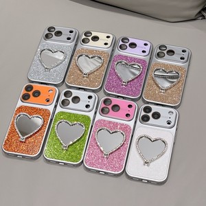 luxury Glitter Diamond Heart shaped Mirror stand Mobile phone <b>case</b> for <b>iPhone</b> 17 16 15 pro max shimmering holder Soft cover back - Product Image 1