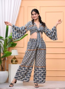 Conjunto de Dos Piezas Boho Estampado de Algodón Transpirable para Mujer, Talla Única, con Pantalones Acampanados y Blusa de Manga Campana (Corte A) - Product Image 5