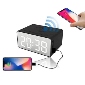 Reloj despertador de carga inalámbrica de 15W, altavoz Bluetooth portátil negro, tamaño pequeño, sonidos de alta calidad con puerto USB, LED Time Show