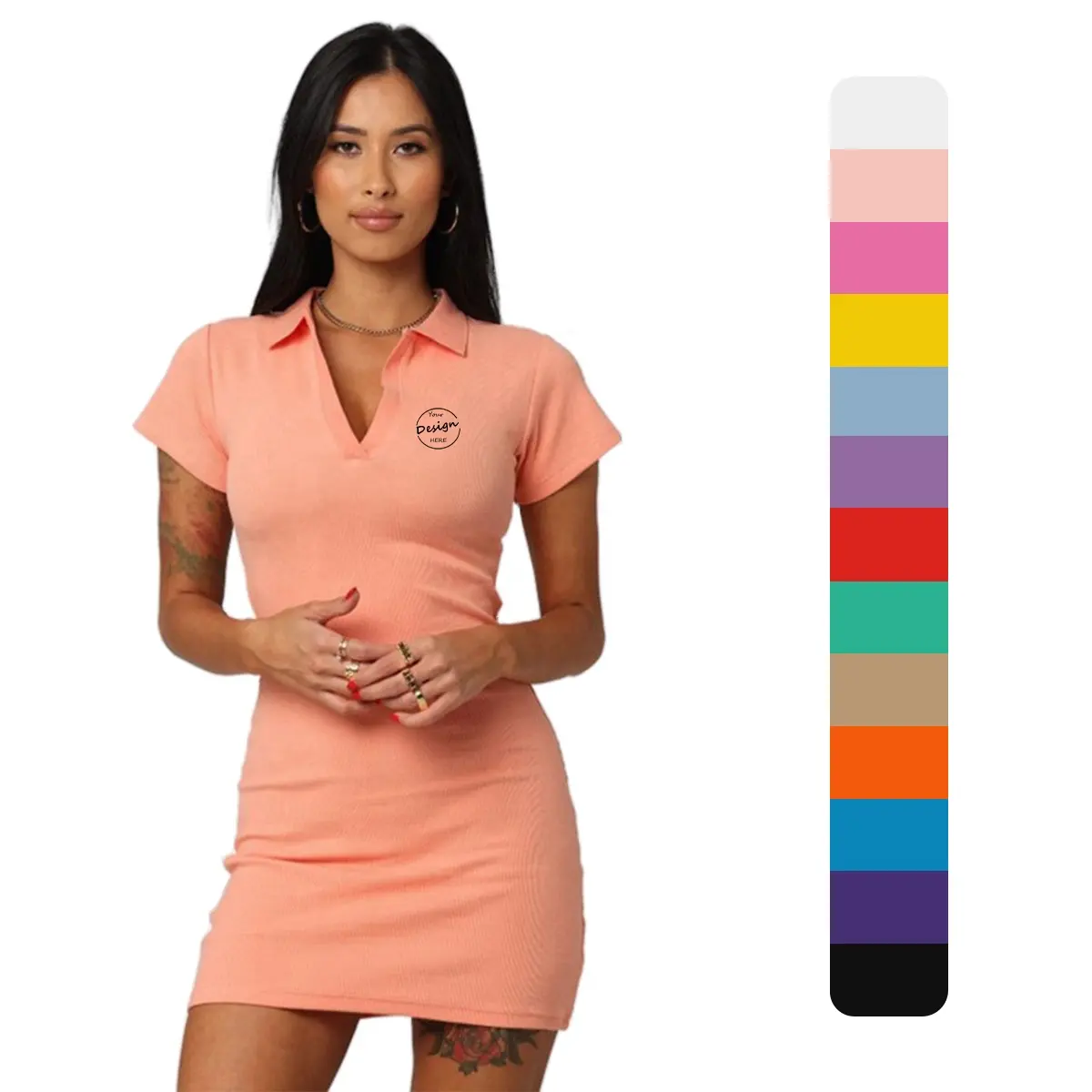 Nueva llegada de moda vestido de cuello Polo para mujer al por mayor 100 algodón ajustado cuello en V vestido Polo para mujer logotipo personalizado