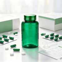 Bouteille PET verte de 200 cc avec bouchon décoratif, flacon à large ouverture pour complément alimentaire, granulés à base de plantes, emballage de produits nutraceutiques solides