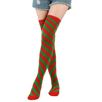 Vente en gros de chaussettes cosplay amusantes de haute qualité rayées sur le genou pour femmes, longues chaussettes de Noël