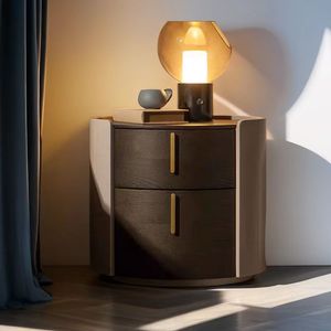 Table de chevet moderne ronde Pavone à 2 tiroirs, structure en bois massif, armoire de rangement écologique pour chambre à coucher avec poignées dorées, origine Shanghai - Product Image 2