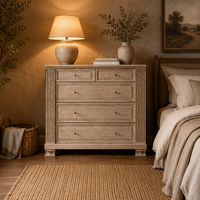 Commode à 5 tiroirs en bois massif, design classique de manoir, surface vieillie, fabrication artisanale, pour intérieur résidentiel de luxe
