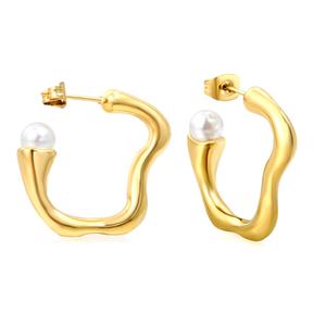 Pendientes Minimalistas de Acero Inoxidable Chapados en Oro de 18k, Forma de Ola Irregular en Forma de C, Joyería Impermeable, Pendientes de Aro con Perlas para Mujer - Product Image 1