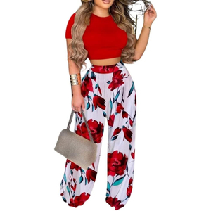 Abiti 2 pezzi per donna girocollo a manica corta top corti con stampa pantaloni lunghi a gamba larga estate set abbinati - Product Image 2
