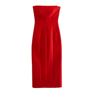 Hot sale strapless red color sleeveless back slip casual fashion women long midi dresses