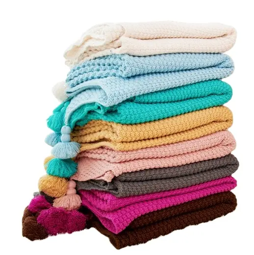 Sofá de malha com borla barata, cobertor de malha para bebês, de pelúcia, super macio, 130*170, grosso cobertor de fileira