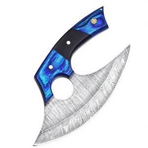 Cuchillo de Chef Ulu de Acero de Damasco con Hoja Afilada, Mango de Madera y Hueso, Acabado Cepillado, Funda de Cuero, Ambidiestro, para Corte Profesional - Product Image 1