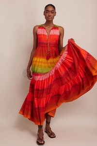 เดรสแม็กซี่ยาวผ้าคอตตอนแท้สำหรับฤดูร้อนชุดเดรสคอวีผูกเชือกพร้อมพู่ทรงเอแขนกุดชุดเดรสปาร์ตี้ชายหาดวินเทจ - Product Image 2