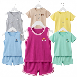 Ensembles de vêtements d'été pour enfants en gros, motifs variés, manches courtes et sans manches, col rond, polyester, tailles mixtes 3-6 ans - Product Image 2