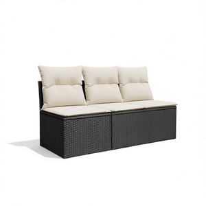 Canapé de jardin trois places en rotin PE noir résistant aux UV, mobilier d'extérieur au design contemporain, coussins en mousse haute densité - Product Image 1