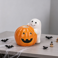 Redeco Porte-bougie en céramique en forme de citrouille fantôme, support pour bougie chauffe-plat d'Halloween, décor de table mignon Jack-o'-lantern pour la maison