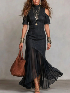 Denim <strong>Maxi</strong> <strong>Dress</strong> Women <strong>Cold</strong> <strong>Shoulder</strong> Short Sleeve Chiffon Patchwork Bodycon Mermaid <strong>Dress</strong> - Product Image 2