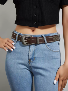 Sabuk Coklat Etnik Vintage untuk Wanita Aksesori Ikat Pinggang Punk Barat dengan Rivet untuk Rok dan Jeans - Product Image 3