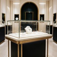Vitrine de présentation de bijoux en verre personnalisée, comptoir d'exposition en or poli pour magasin