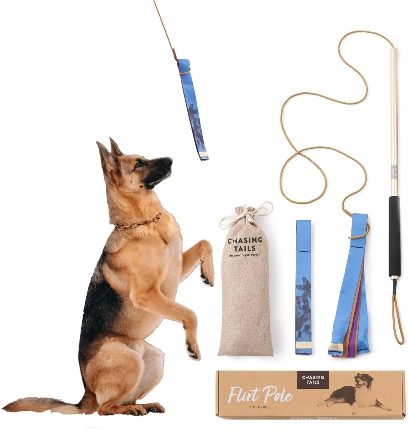 מוט פלרטט לכלבים חובה כבד עם חבל 30 אינץ 'ושני צעצועים לכל הגזעים מוט קפיץ לכלבים כלב