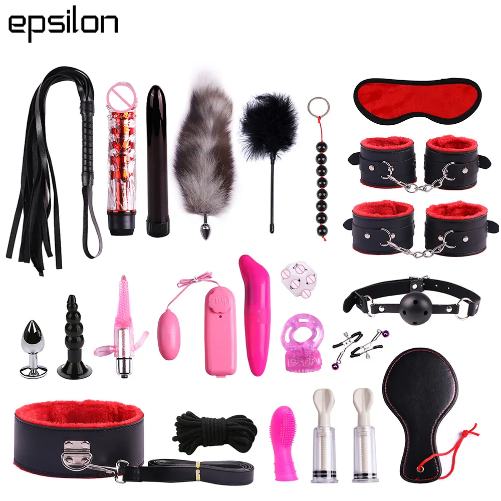 Epsilon ชุดของเล่นทางเพศทาส BDSM 23ชิ้น,ของเล่นทางเพศสายรัดหนัง PU กุญแจมือเกมชุดของเล่นเซ็กซี่ชุดเจ้าชู้