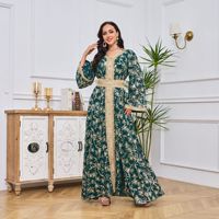 Robes de soirée de luxe islamiques en dentelle pour le Moyen-Orient et Dubaï, avec motifs floraux estampés, style mode