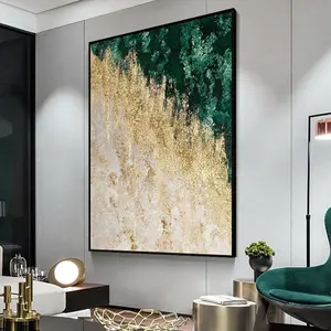 Arte abstrata em tela verde e dourada para parede, folha de ouro pintada à mão, pintura a óleo para decoração de quarto, acrílico texturizado