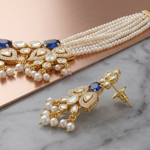 Luxury 925 Silver Sapphire Pearl <b>Necklace</b> Set Designer Bridal Jewelry Traditional Earrings for Classic Beaded Strand Design - Product Image 5