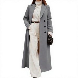 Elegante Abrigo Largo Gris para Mujer, Abrigo de Invierno con Cuello Vuelto, Botones de Cristal, Cierre de un Solo Botón, Pantalones de Pierna Ancha - Product Image 4