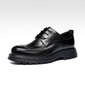 Chaussures Derby pour hommes en cuir véritable, semelle épaisse, pour affaires, bureau, toutes saisons, noires, à lacets, chaussures habillées - Product Image 1