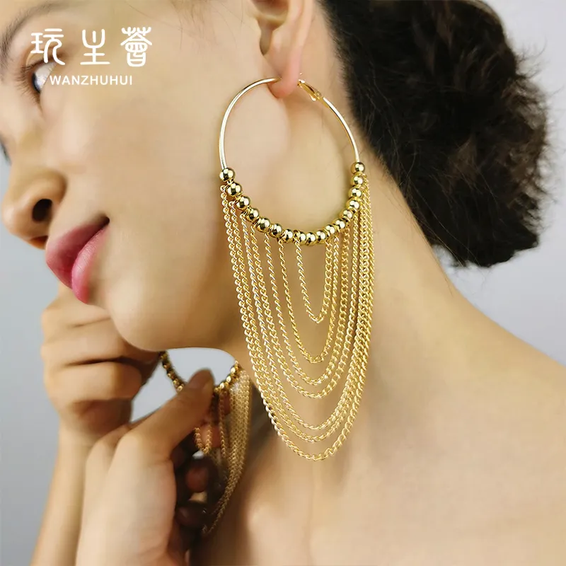 Luxury ladies beaded hoop earrings gold long chain tassel pendant earrings for women