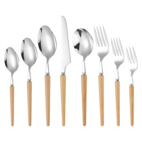 Ensemble de couverts en acier inoxydable 304 avec manche en bois de hêtre, style japonais, cuillère, fourchette à dents pointues, couteau à steak portugais, fourchette, finition miroir
