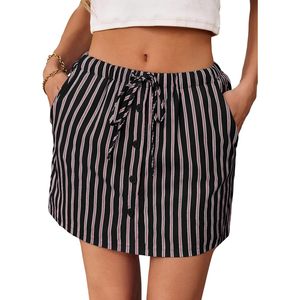 Fisoew Mini pantalones cortos a rayas para mujer con cordón y cintura elástica con botones, pantalones cortos informales de verano, color negro - Product Image 1