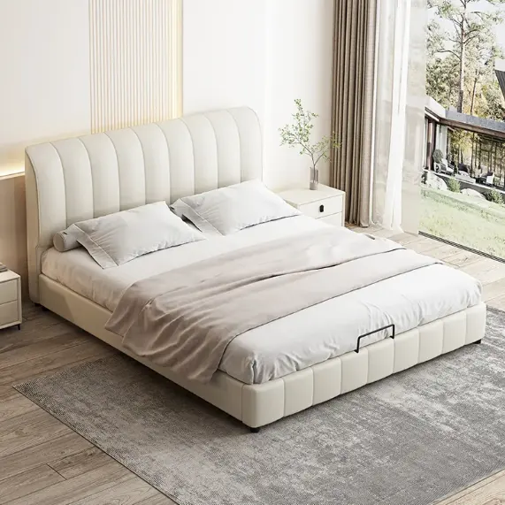 100% OEM/ODM lüks avrupa ve amerikan kraliçe mobilya yatak odası Modern beyaz çift deri ahşap yataklar ile karyola iskeleti