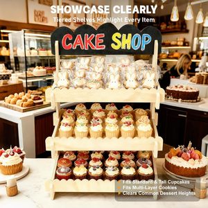 Rak Pamer Kue 3 Tingkat dari Kayu dengan Papan Tulis, Tanpa Perakitan Alat, Rak Kue Kering yang Stabil untuk Cupcake, Muffin, Pastry - Product Image 2