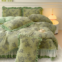 Parure de lit 4 pièces en velours matelassé épais pour l'hiver, avec housse de couette chaude imprimée à volants en dentelle, vente en gros