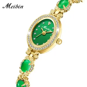MEIBIN Green Gemstone Women Watches Rose Gold Ladies Stainless Steel Watches Tiny Strap Women Quartz WristWatch For Female